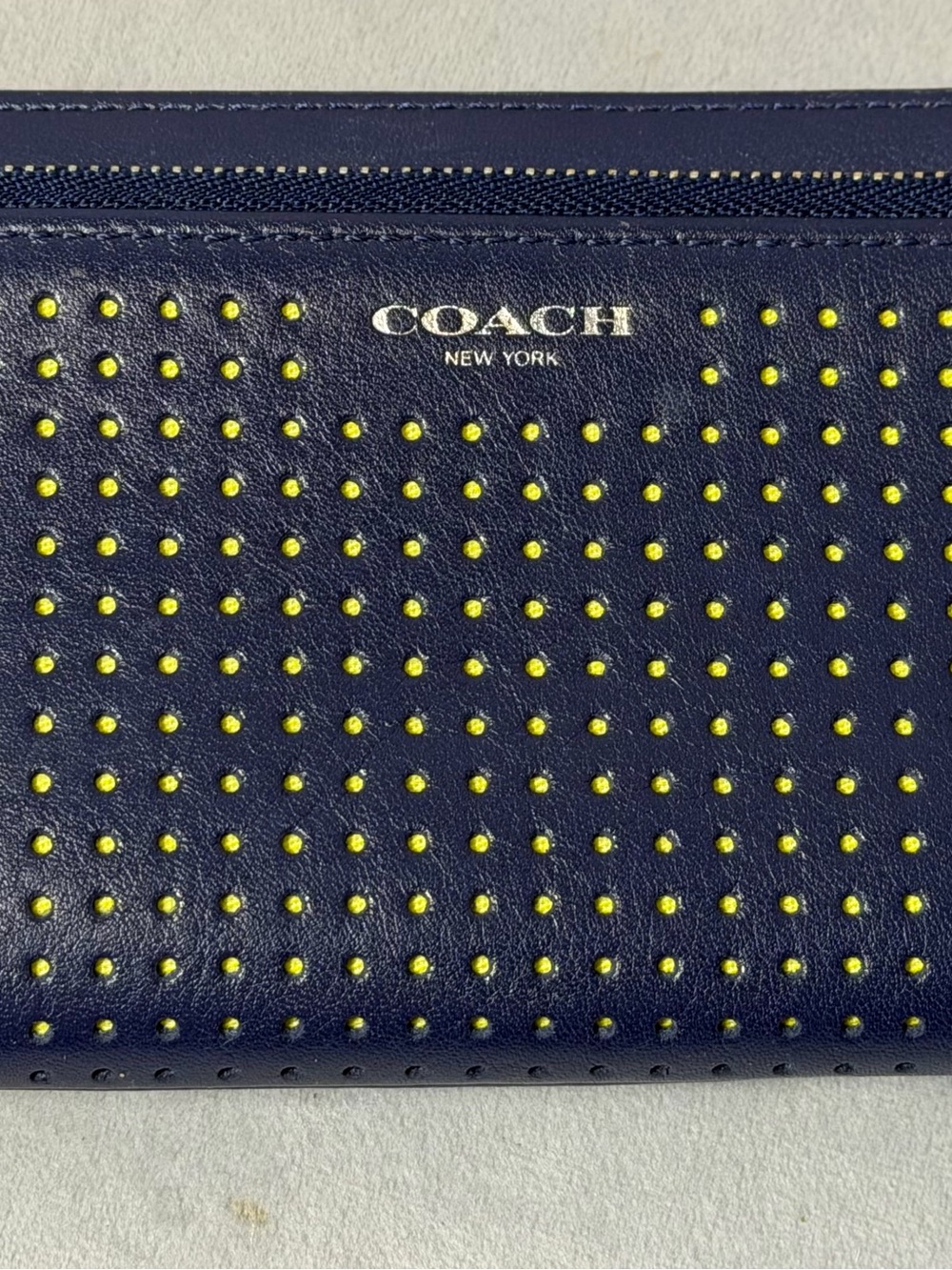 Coach Perforated Navy Blue With Citrine Zip Wallet